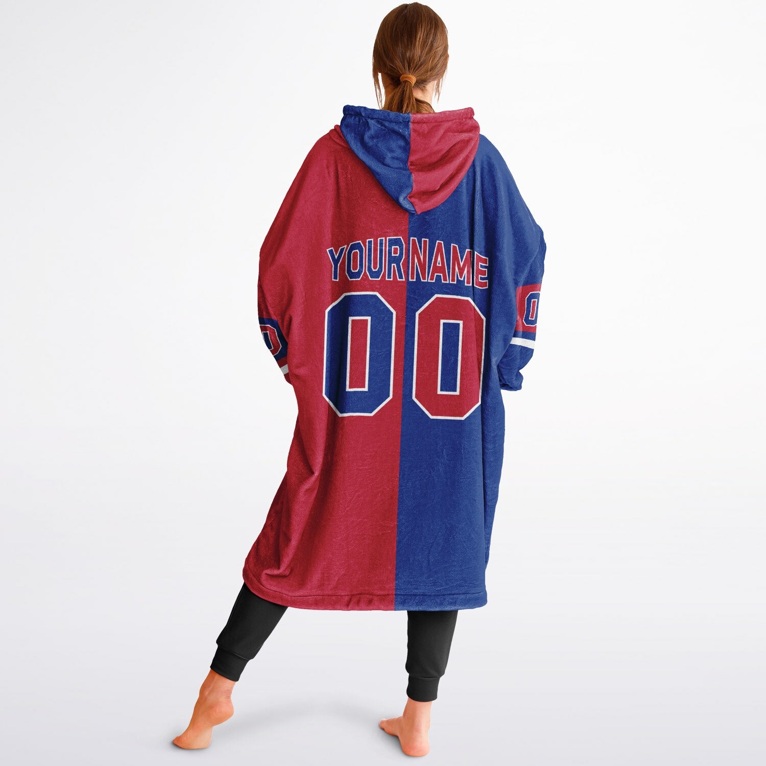 Blue, red, and white halftime snug hoodie with three-tone split design and cozy fleece texture.