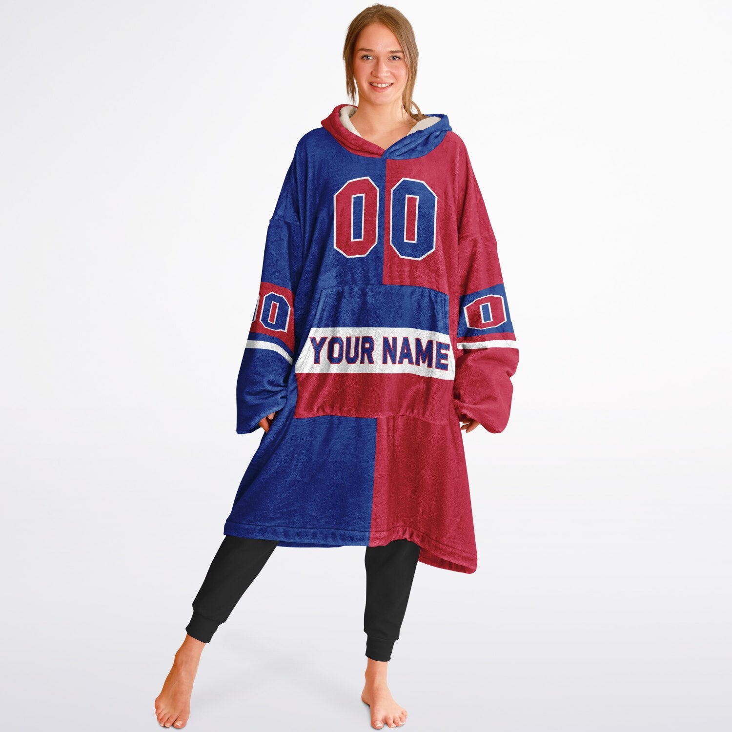 Blue, red, and white halftime snug hoodie with three-tone split design and cozy fleece texture.