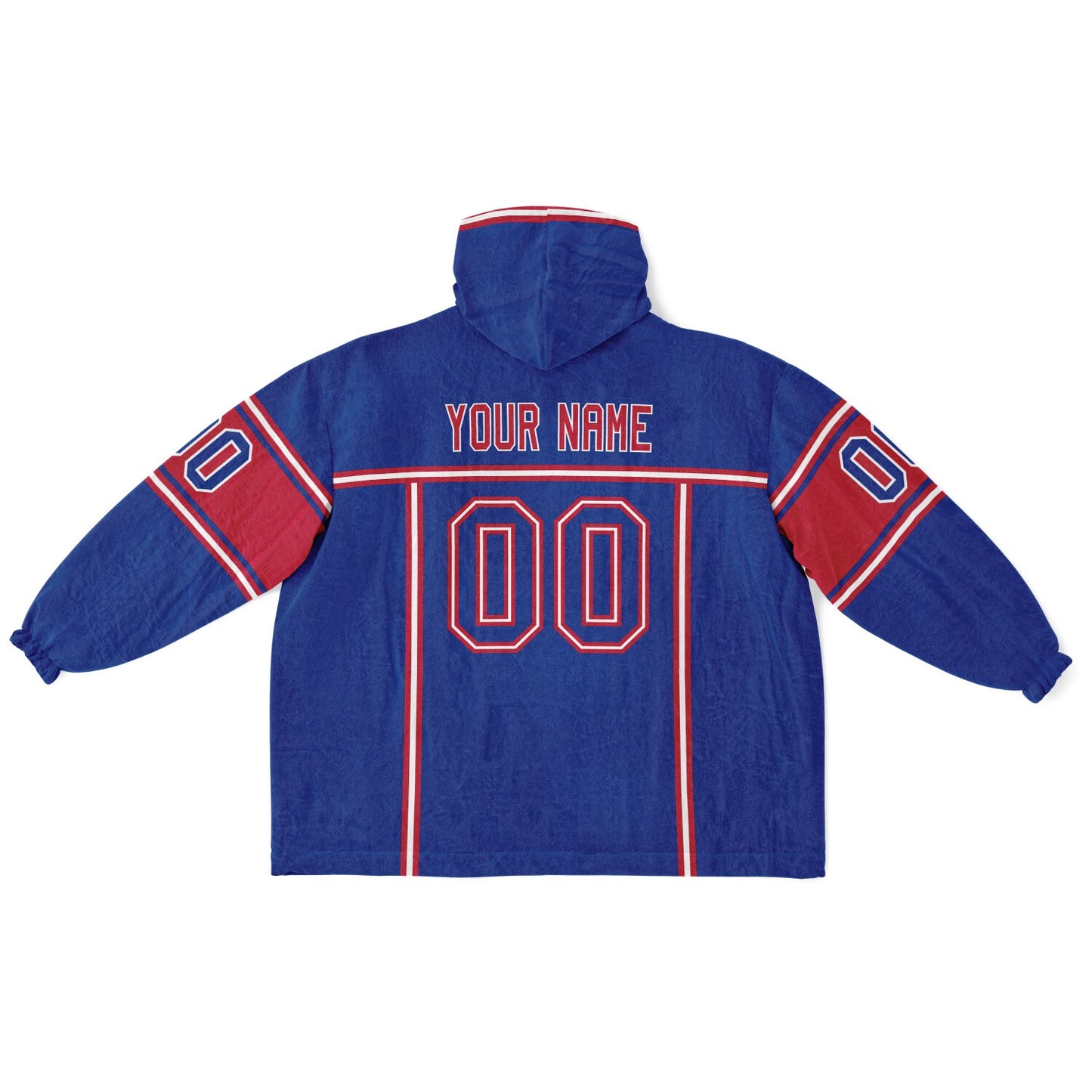 Blue, red, and white lineup snug hoodie with clean line work and subtle jersey influence.