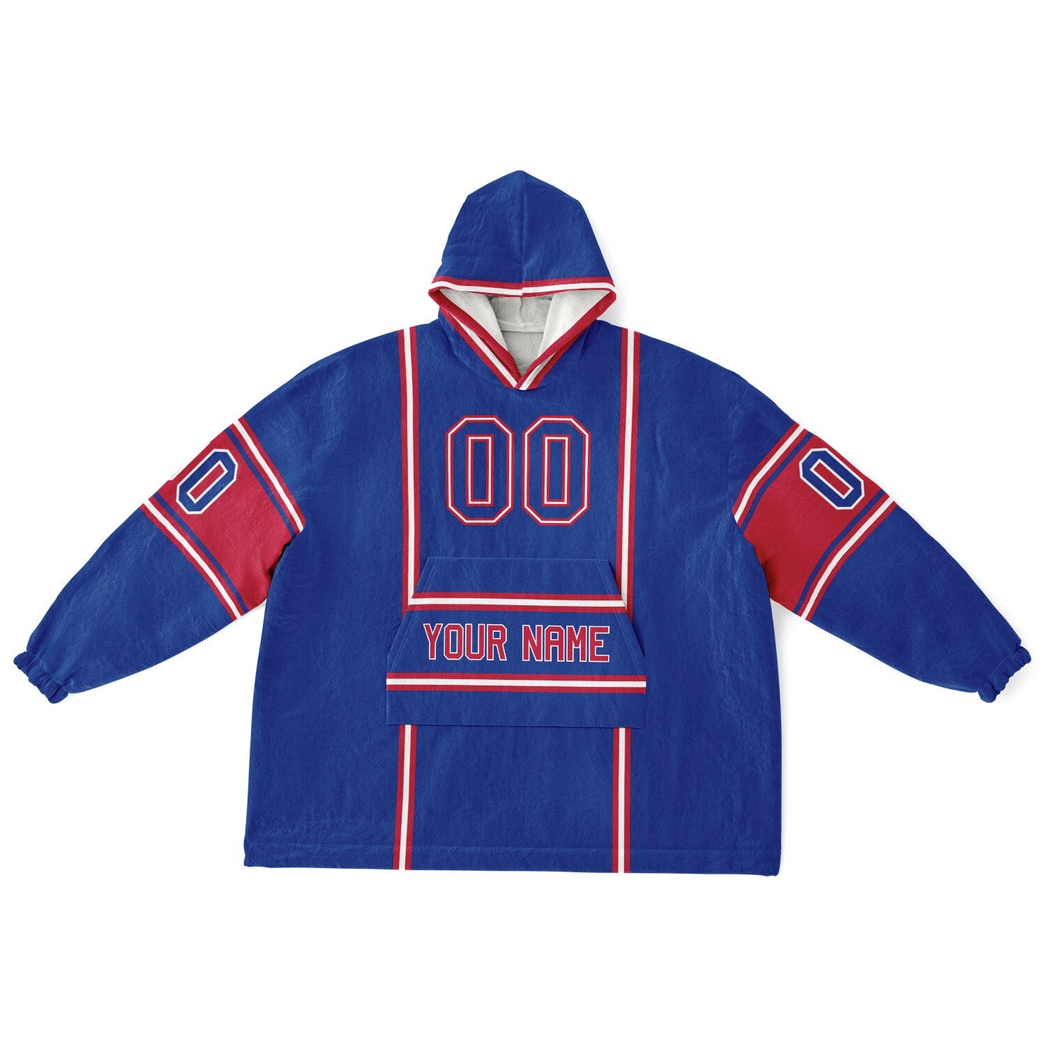 Blue, red, and white lineup snug hoodie with clean line work and subtle jersey influence.