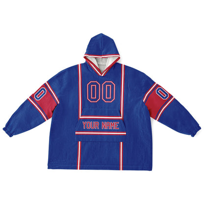 Blue, red, and white lineup snug hoodie with clean line work and subtle jersey influence.