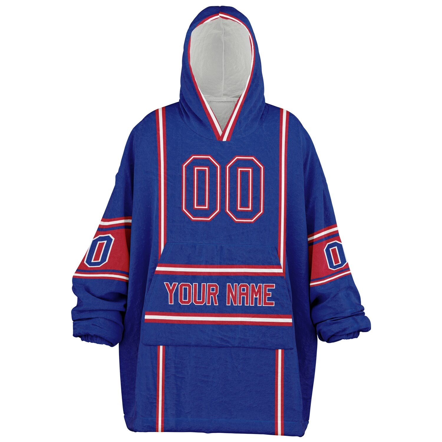 Blue, red, and white lineup snug hoodie with clean line work and subtle jersey influence.