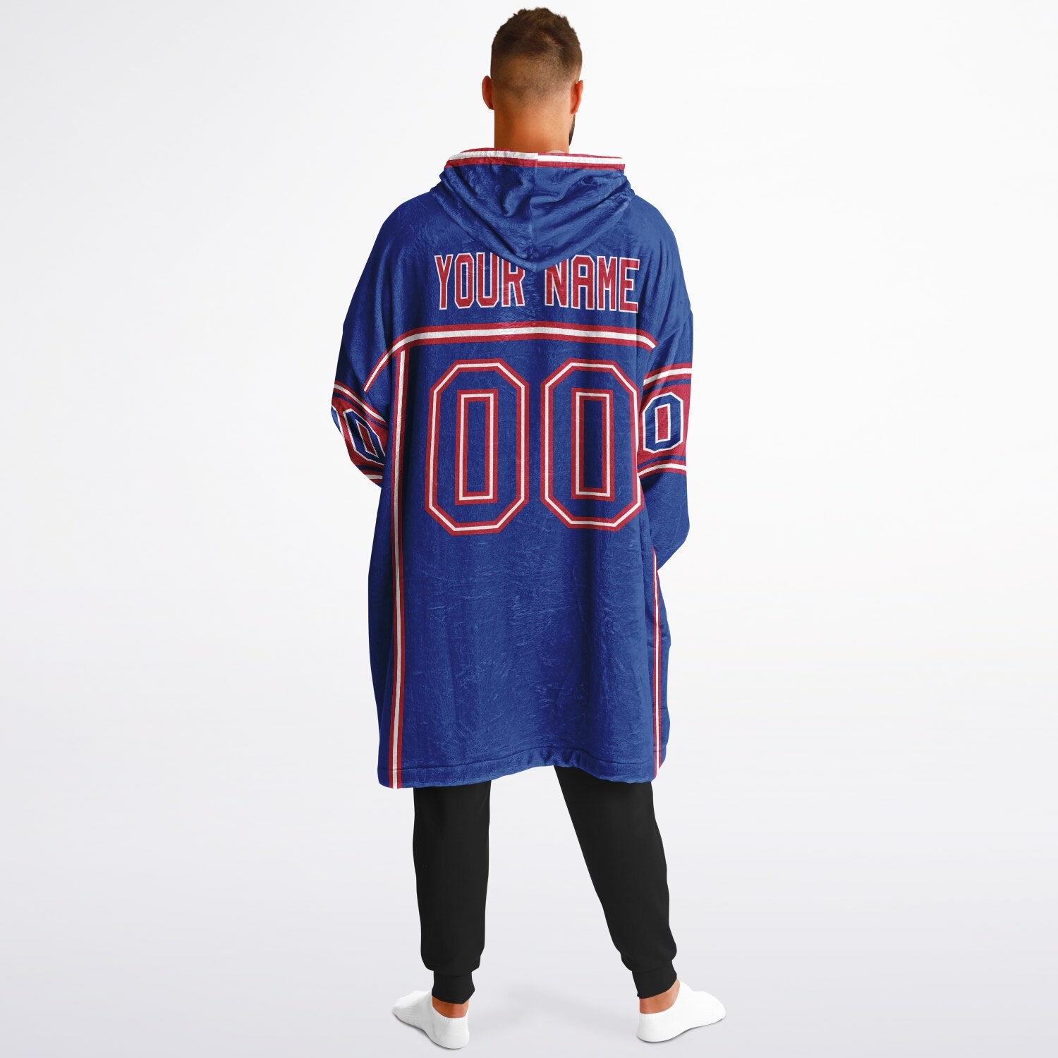 Blue, red, and white lineup snug hoodie with clean line work and subtle jersey influence.