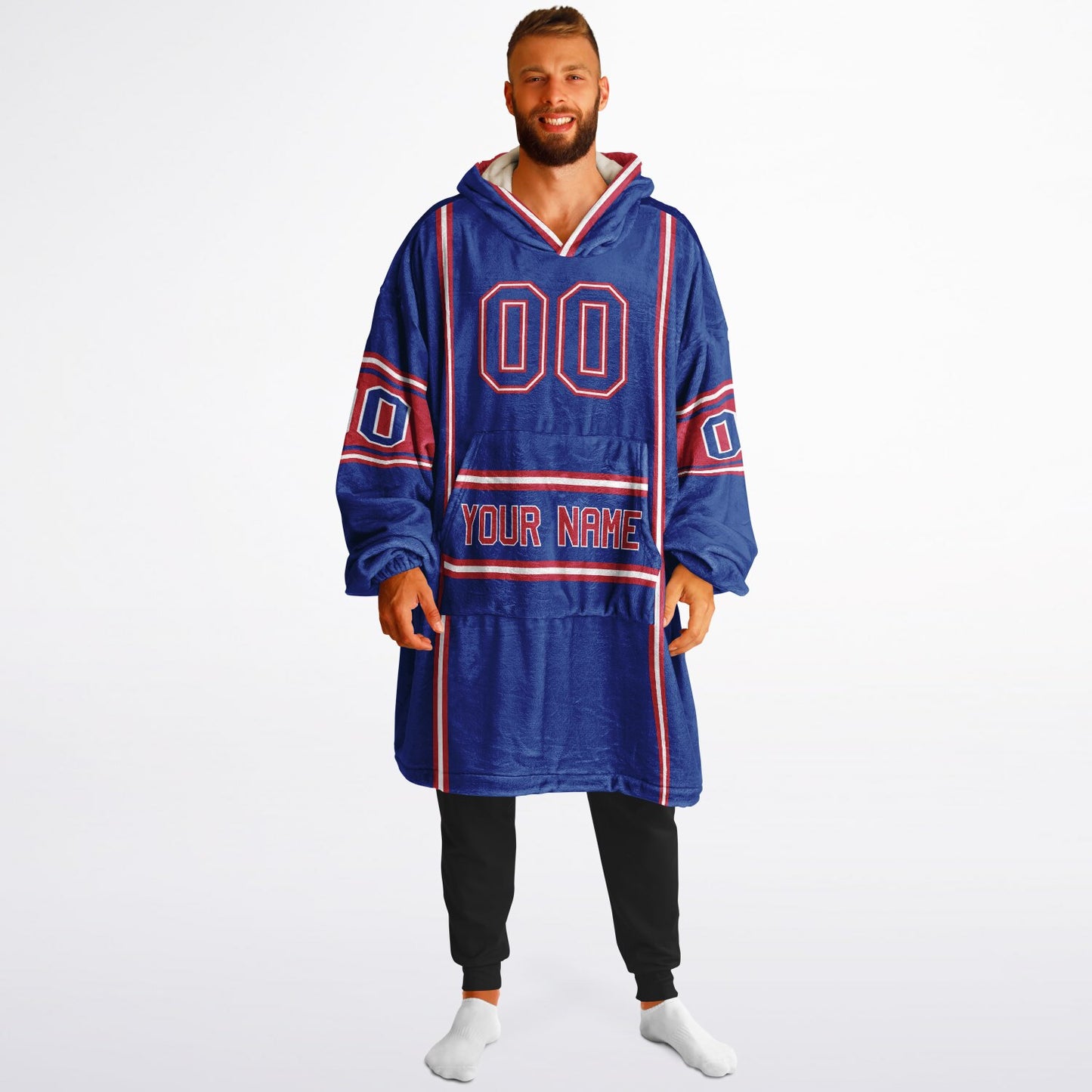 Blue, red, and white lineup snug hoodie with clean line work and subtle jersey influence.