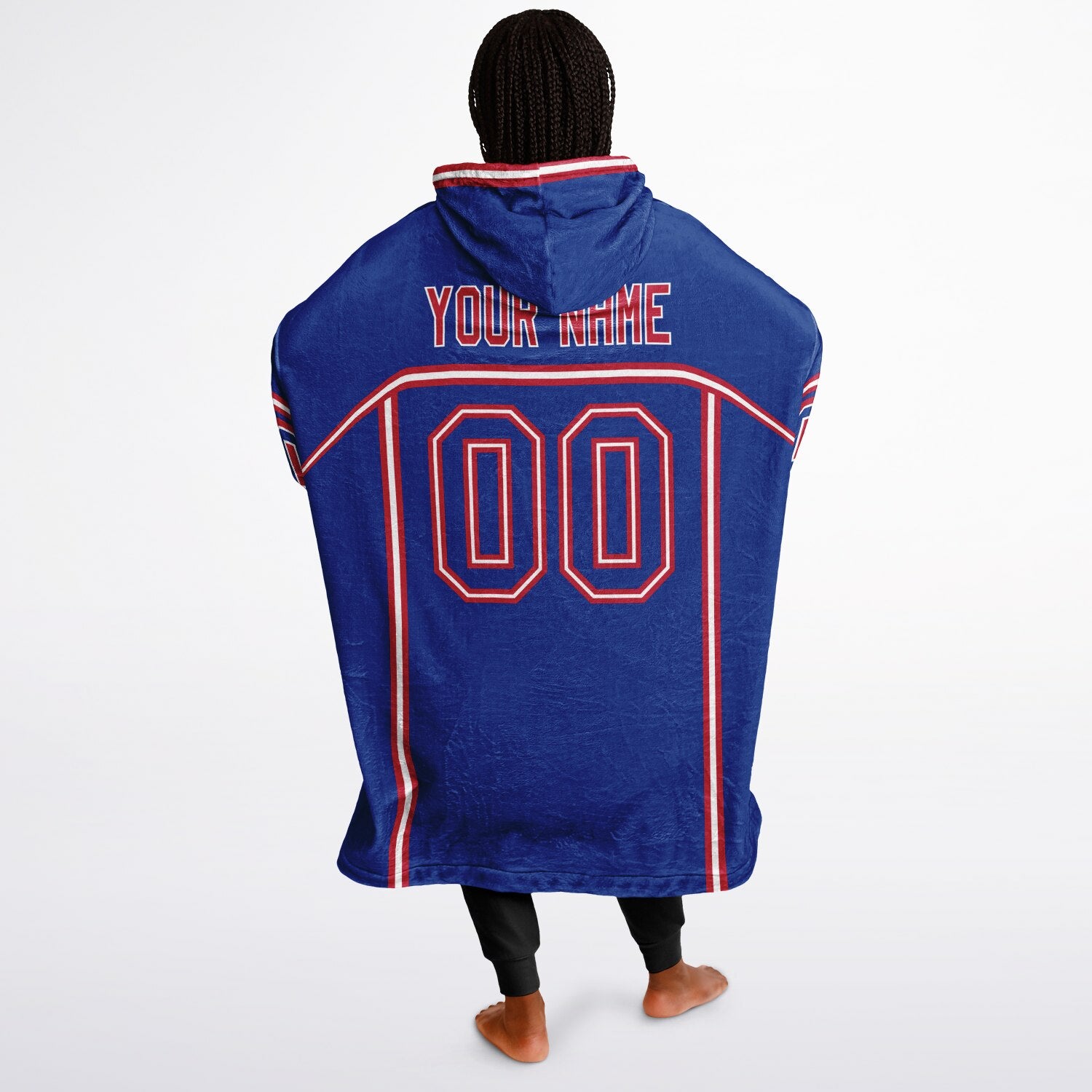 Blue, red, and white lineup snug hoodie with clean line work and subtle jersey influence.