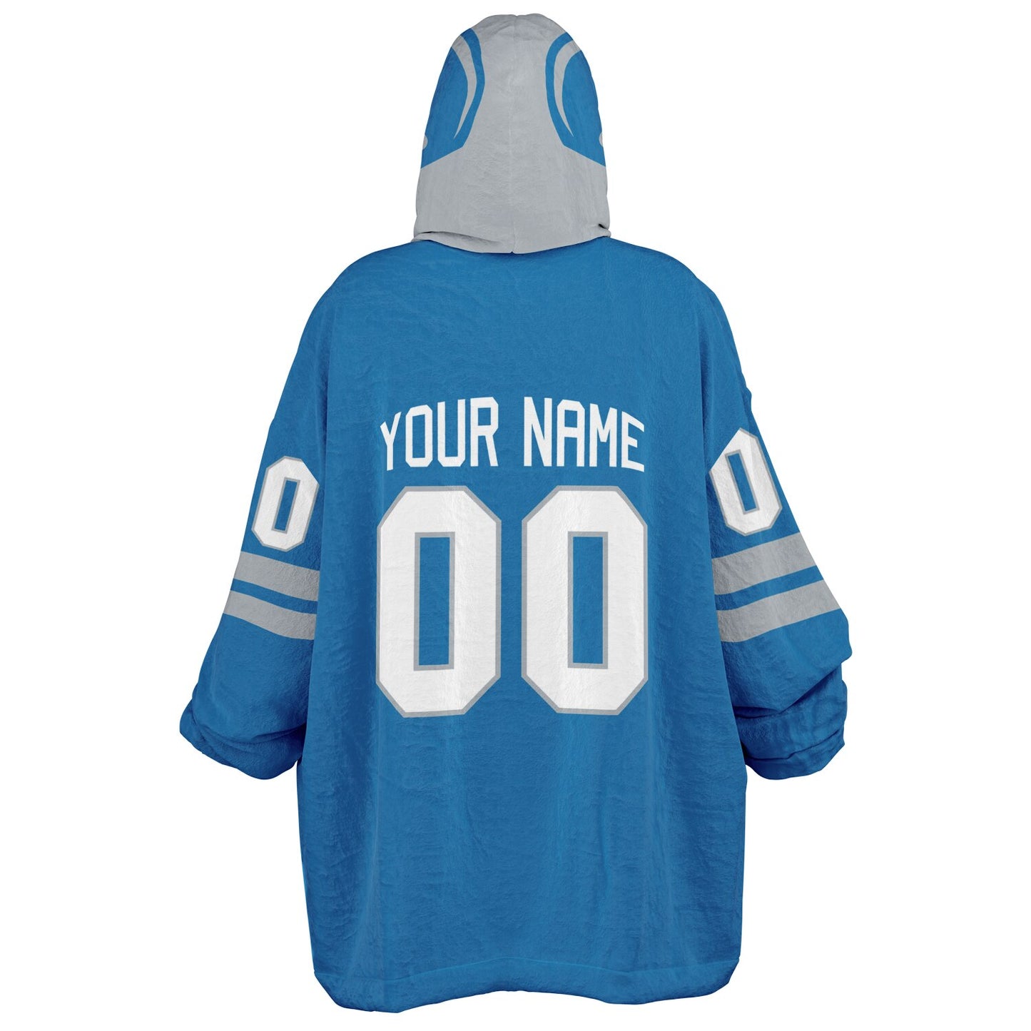 Blue and silver classic snug hoodie featuring jersey-style stripes and personalized name and number.