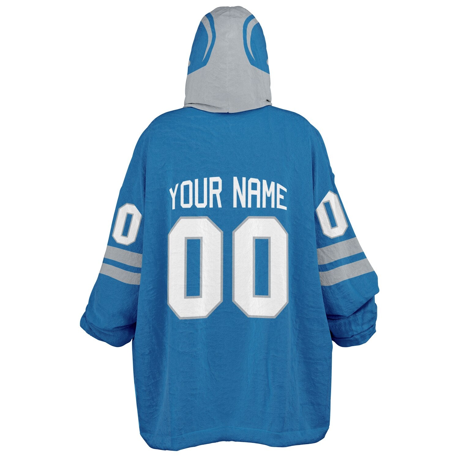 Blue and silver classic snug hoodie featuring jersey-style stripes and personalized name and number.