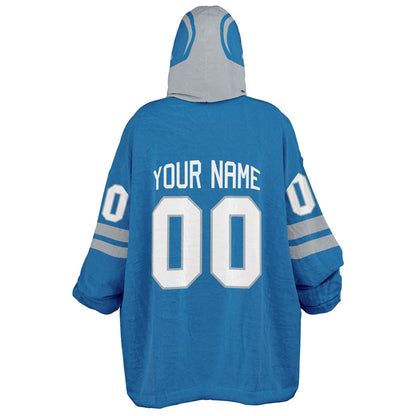 Blue and silver classic snug hoodie featuring jersey-style stripes and personalized name and number.