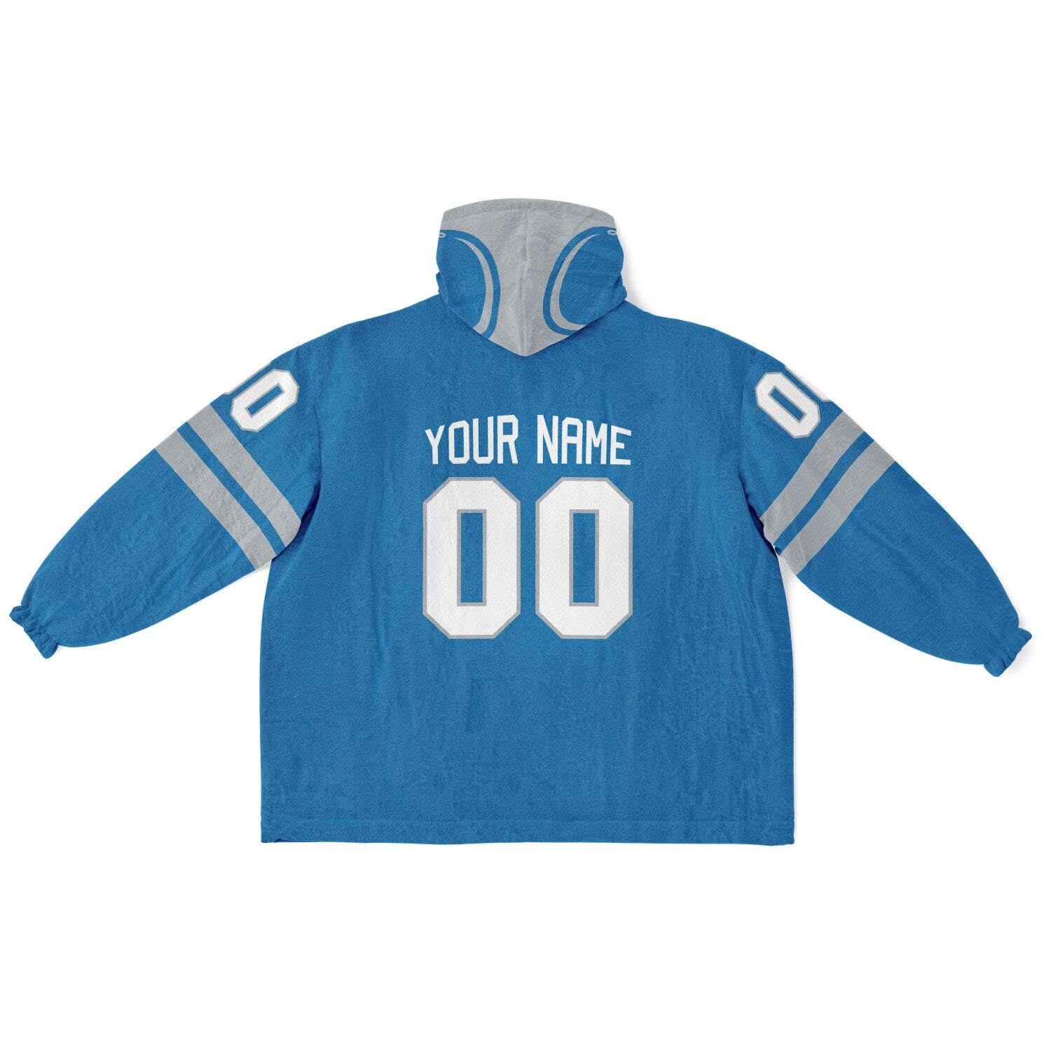 Blue and silver classic snug hoodie featuring jersey-style stripes and personalized name and number.