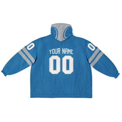 Blue and silver classic snug hoodie featuring jersey-style stripes and personalized name and number.