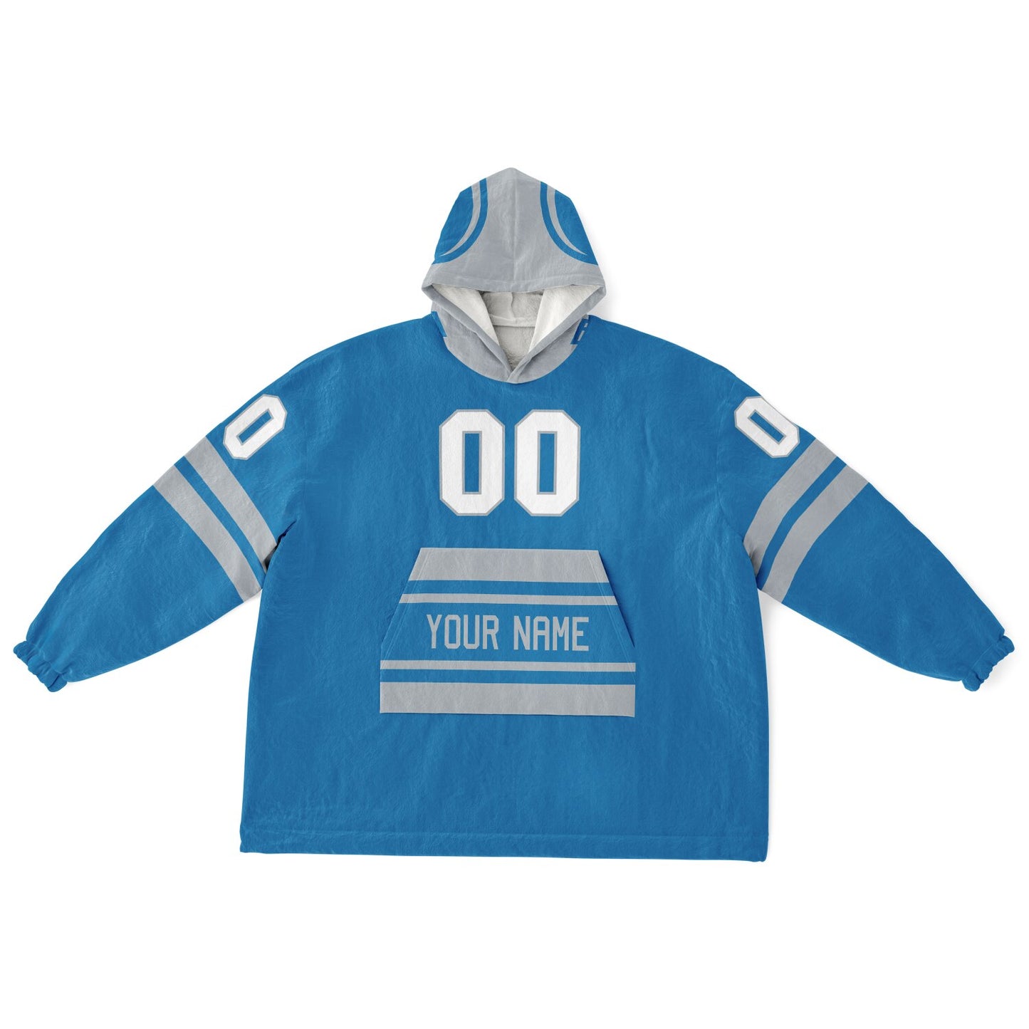 Blue and silver classic snug hoodie featuring jersey-style stripes and personalized name and number.