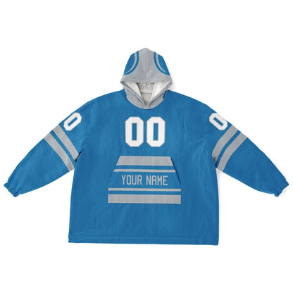 Blue and silver classic snug hoodie featuring jersey-style stripes and personalized name and number.