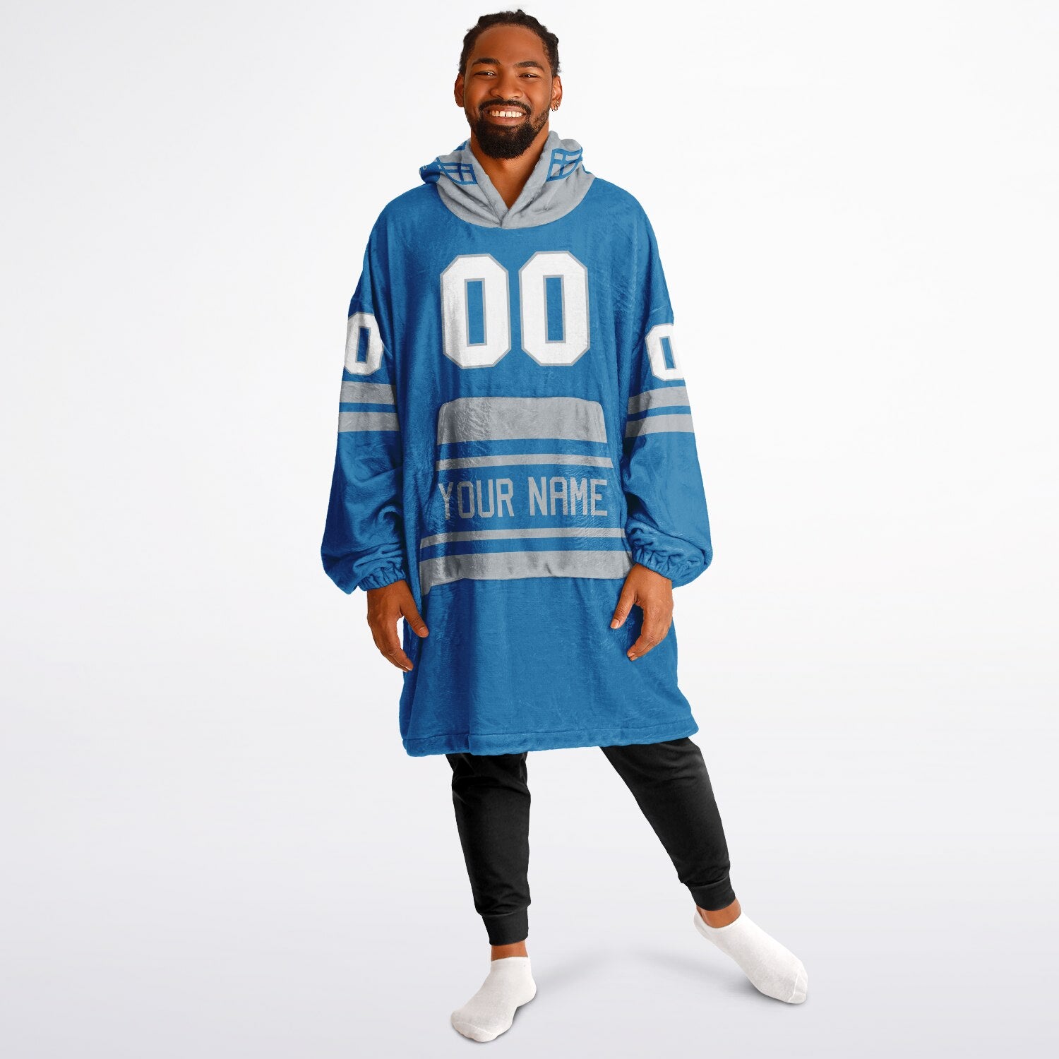 Blue and silver classic snug hoodie featuring jersey-style stripes and personalized name and number.