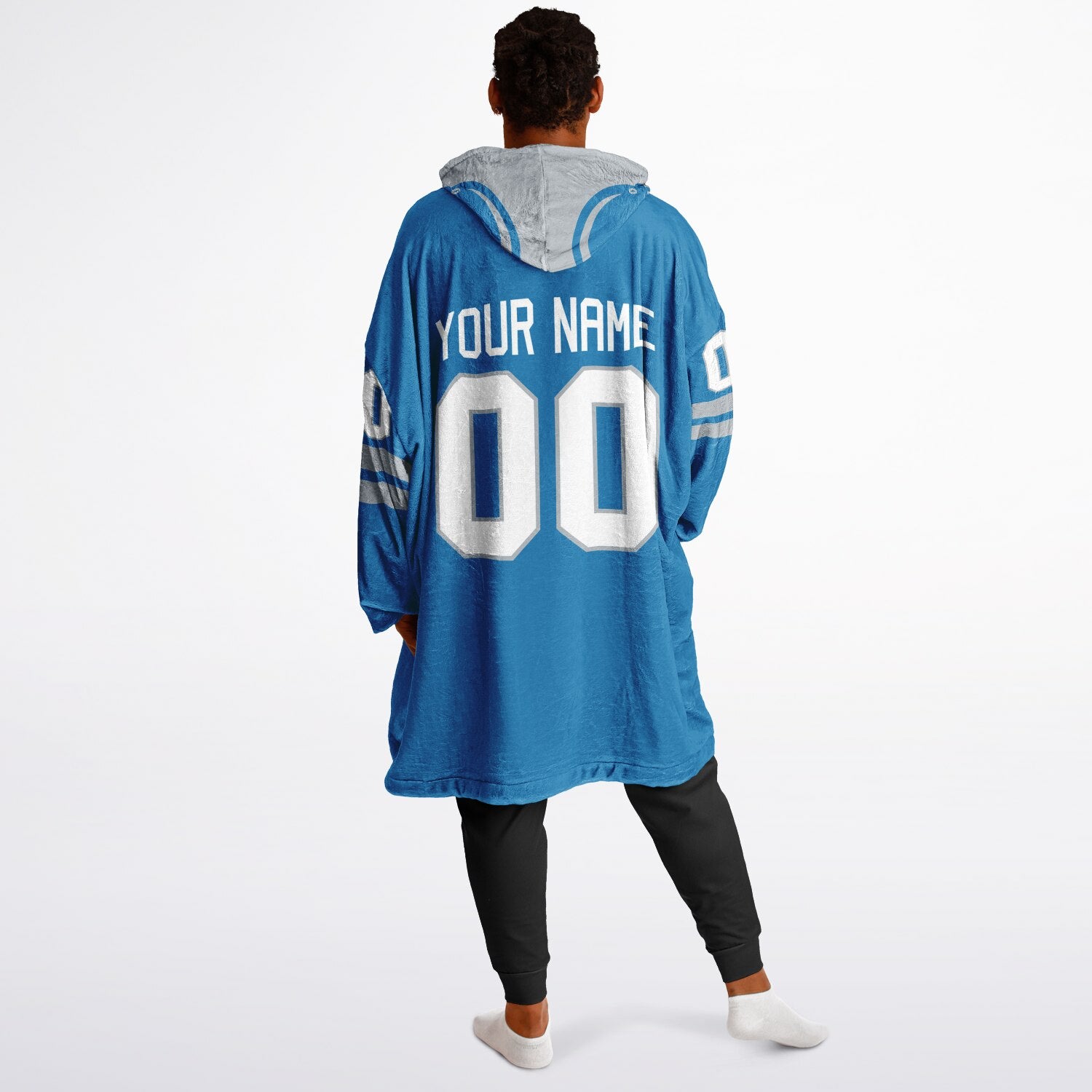 Blue and silver classic snug hoodie featuring jersey-style stripes and personalized name and number.