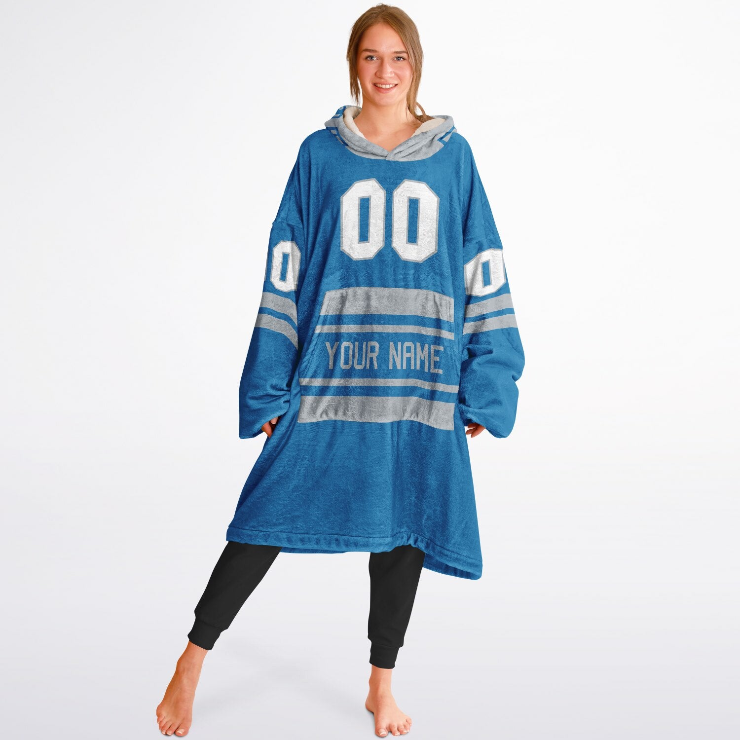Blue and silver classic snug hoodie featuring jersey-style stripes and personalized name and number.