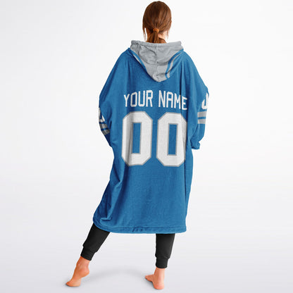 Blue and silver classic snug hoodie featuring jersey-style stripes and personalized name and number.