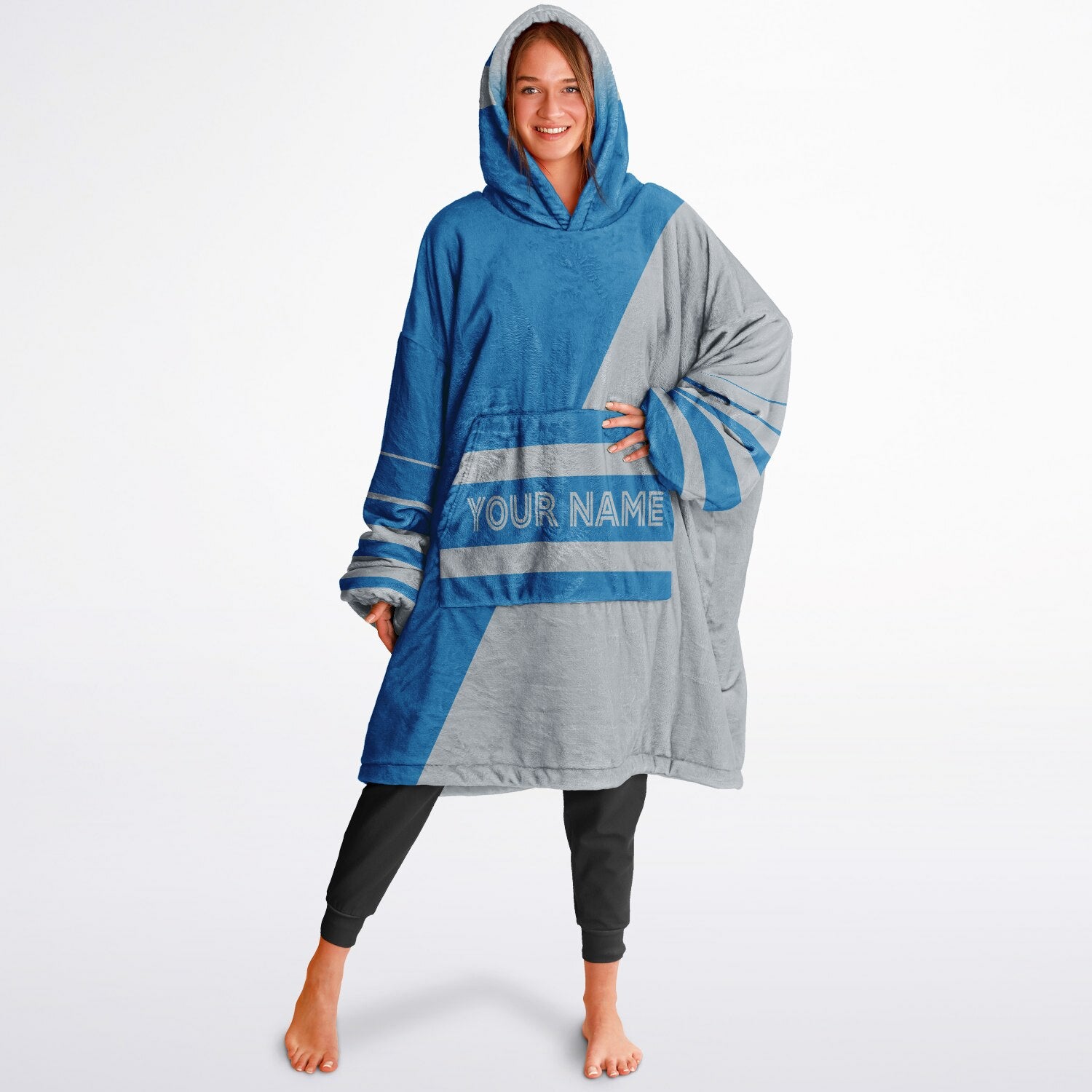 Blue and silver reversible snug hoodie with soft interior lining and casual everyday style for football fans.