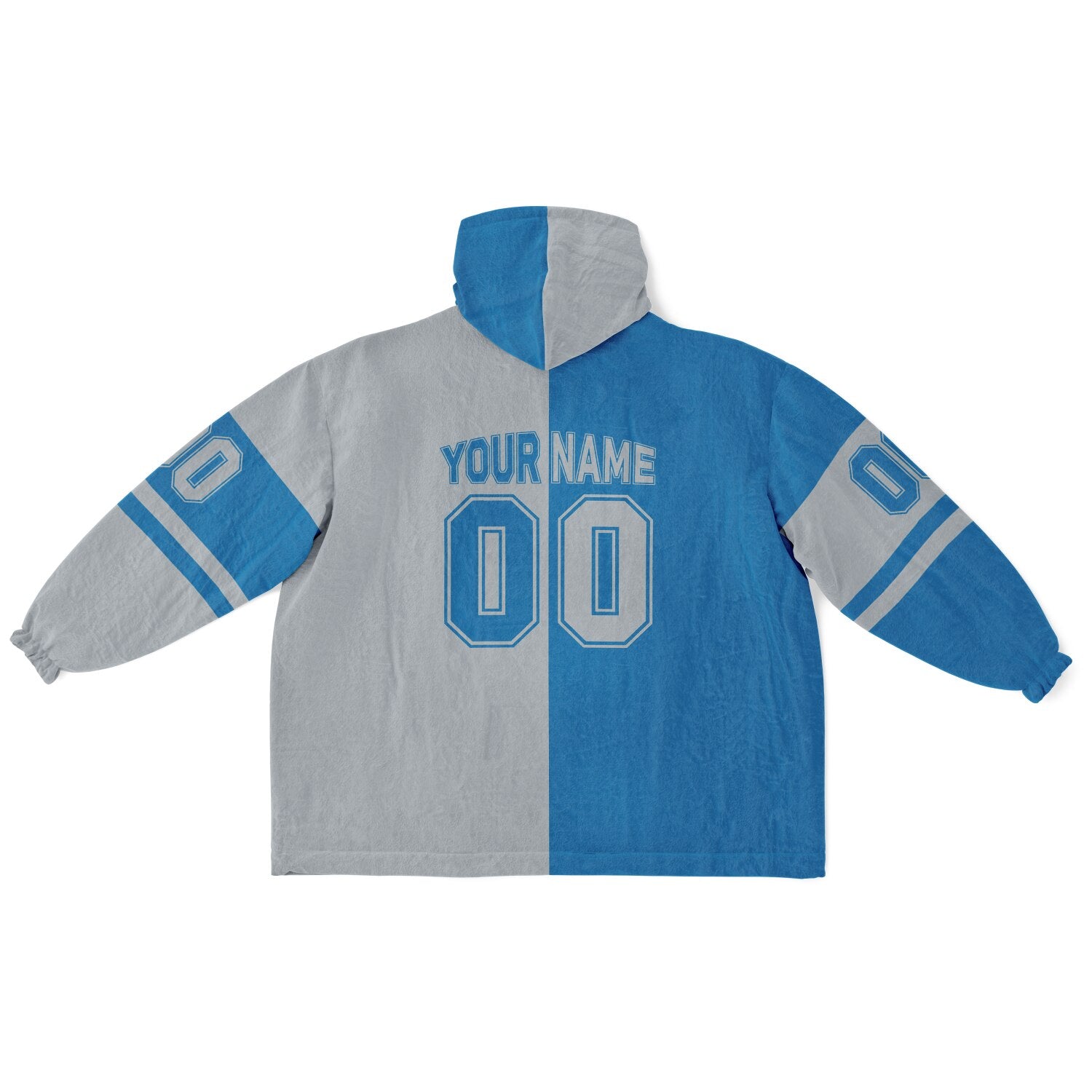Blue and silver halftime snug hoodie featuring a symmetrical split design for a dynamic game-day look.