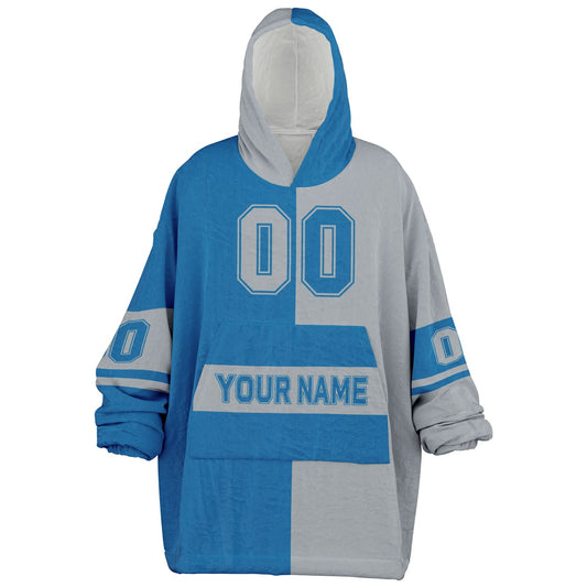 Blue and silver halftime snug hoodie featuring a symmetrical split design for a dynamic game-day look