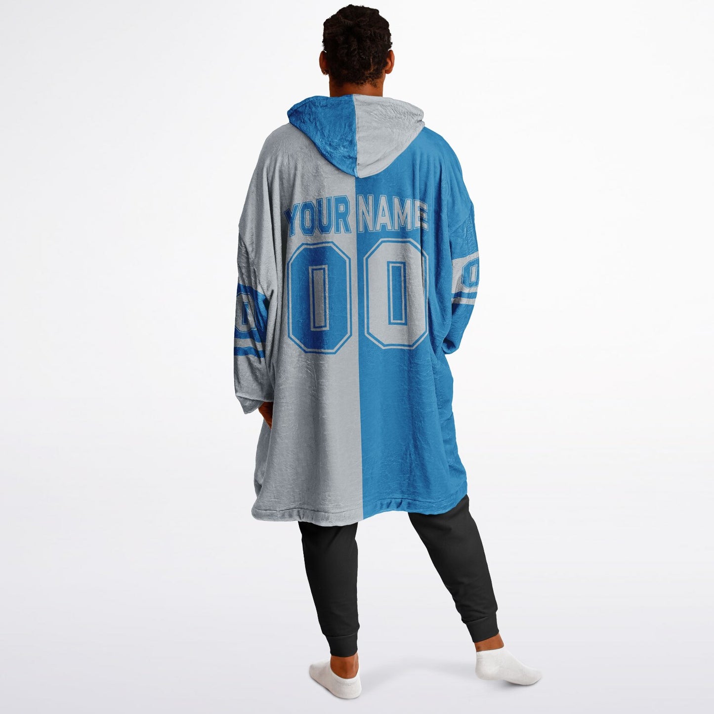 Blue and silver halftime snug hoodie featuring a symmetrical split design for a dynamic game-day look.