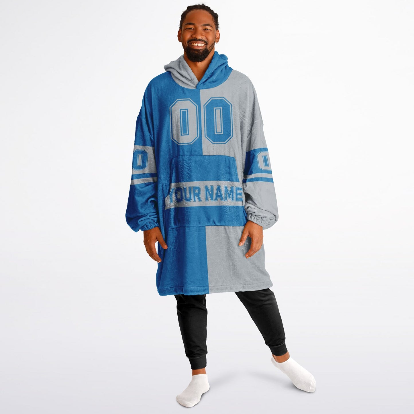 Blue and silver halftime snug hoodie featuring a symmetrical split design for a dynamic game-day look.