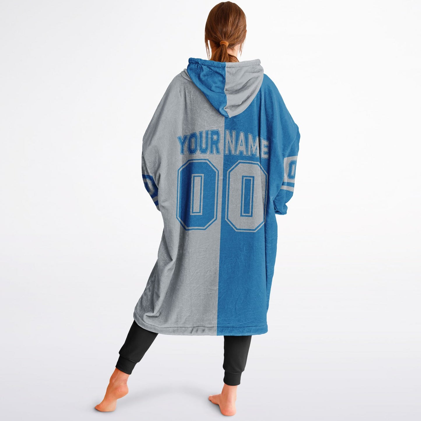 Blue and silver halftime snug hoodie featuring a symmetrical split design for a dynamic game-day look.