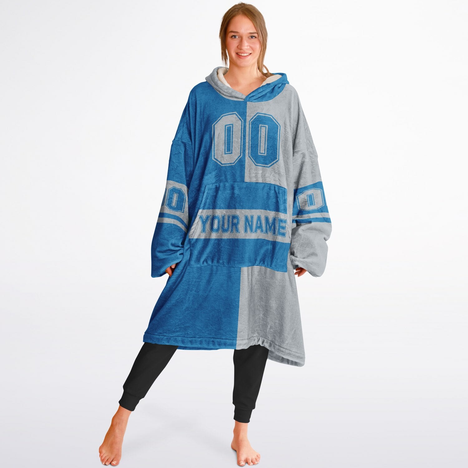 Blue and silver halftime snug hoodie featuring a symmetrical split design for a dynamic game-day look.