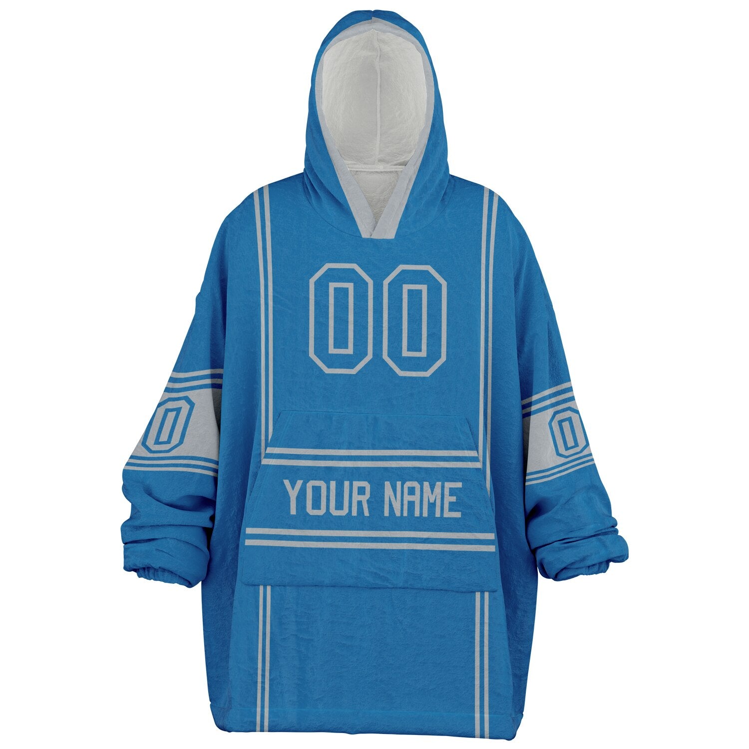 Blue and silver lineup snug hoodie featuring sleek line-art details and minimalist team-inspired design.