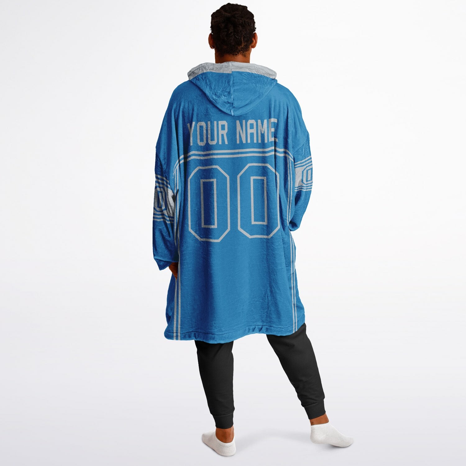 Blue and silver lineup snug hoodie featuring sleek line-art details and minimalist team-inspired design.
