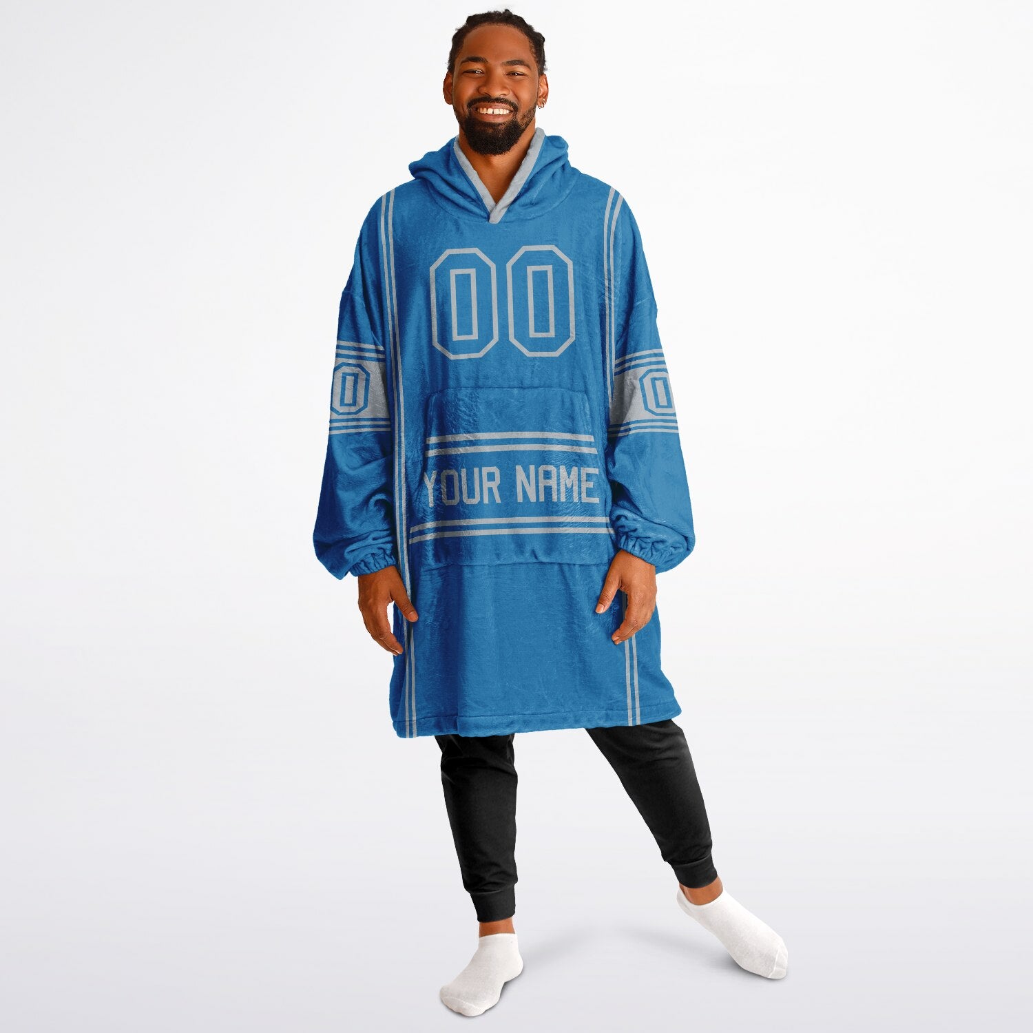 Blue and silver lineup snug hoodie featuring sleek line-art details and minimalist team-inspired design.