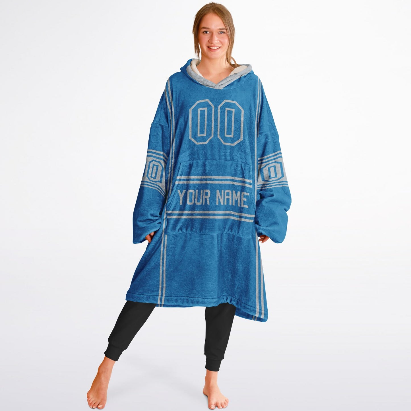 Blue and silver lineup snug hoodie featuring sleek line-art details and minimalist team-inspired design.