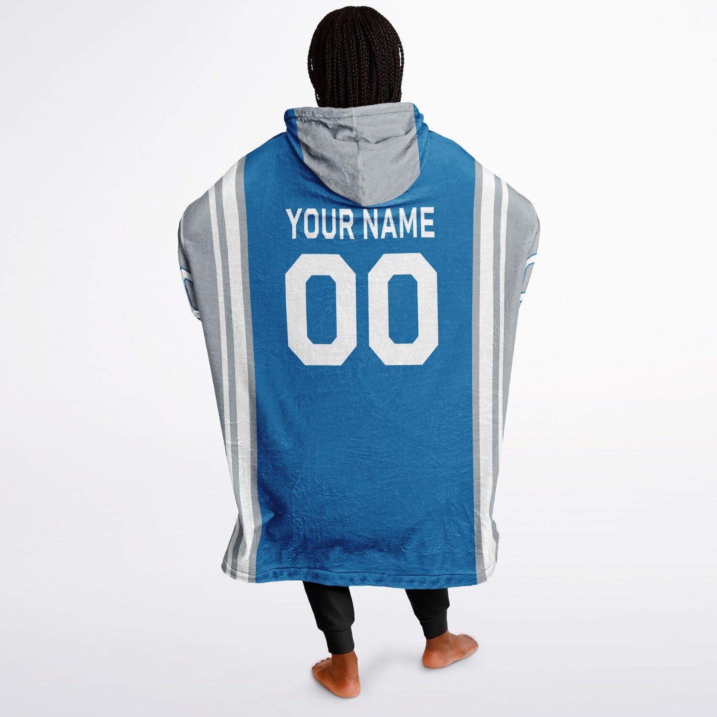 Blue, silver, and white bold snug hoodie with triple color blocking and a sporty aesthetic.