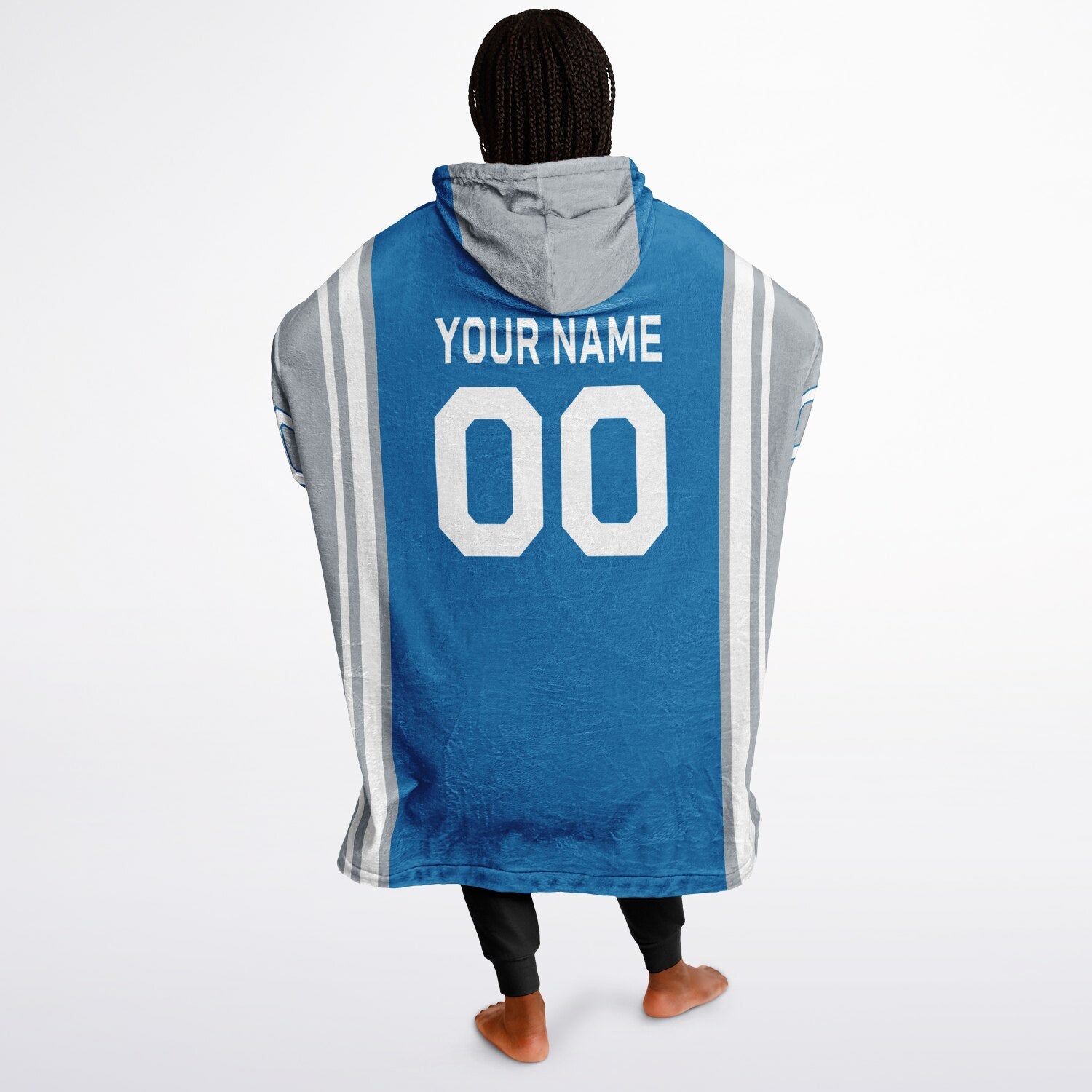 Blue, silver, and white bold snug hoodie with triple color blocking and a sporty aesthetic.