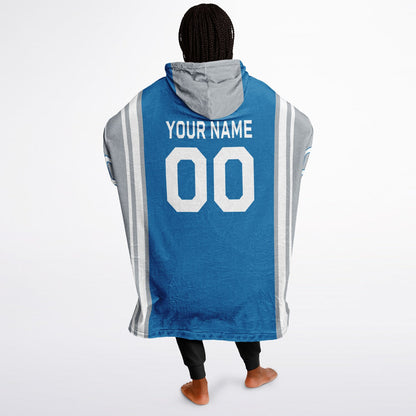 Blue, silver, and white bold snug hoodie with triple color blocking and a sporty aesthetic.