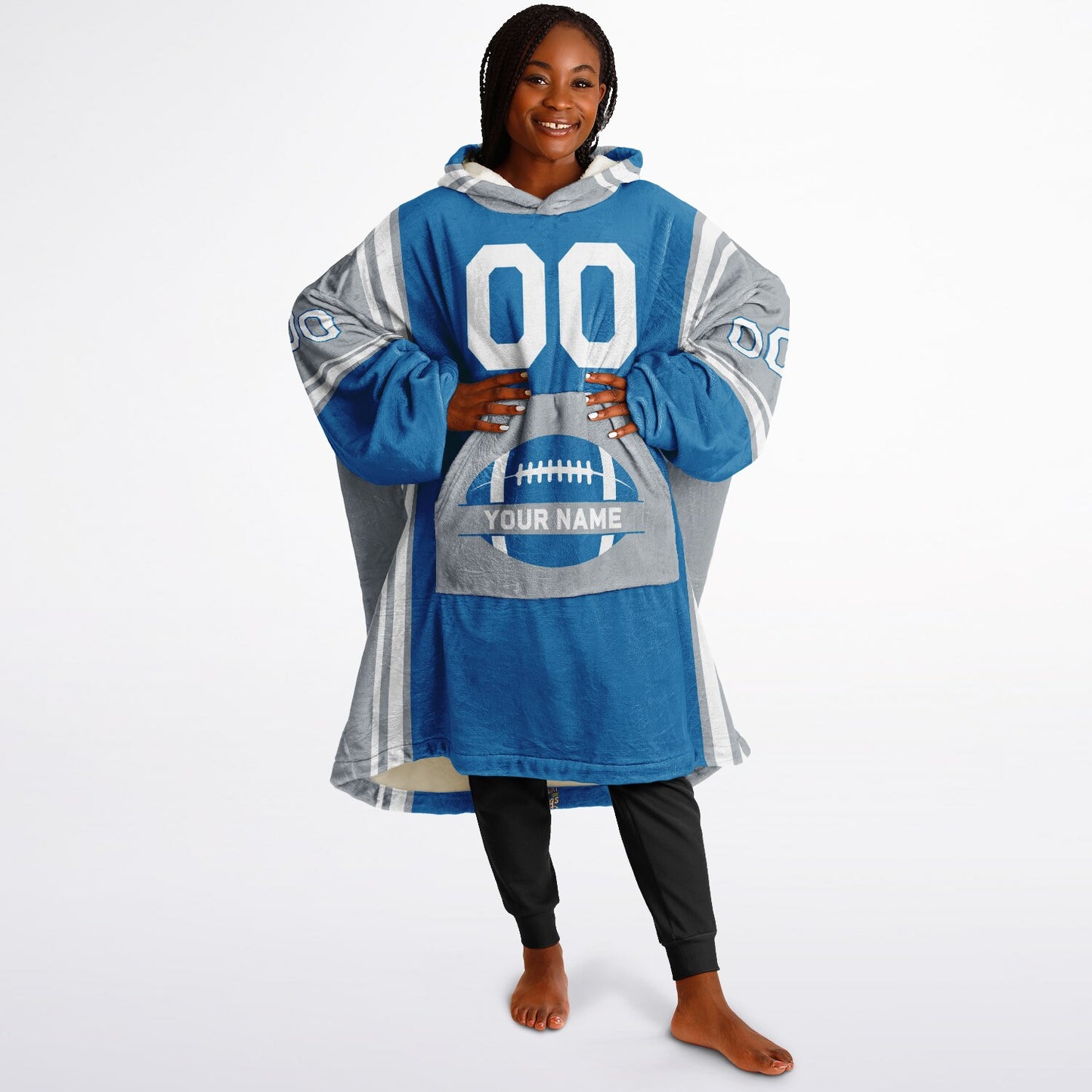 Blue, silver, and white bold snug hoodie with triple color blocking and a sporty aesthetic.