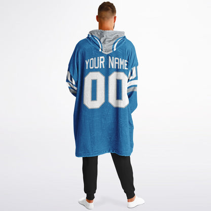 Blue, silver, and white classic snug hoodie featuring authentic jersey striping and personalized number details.