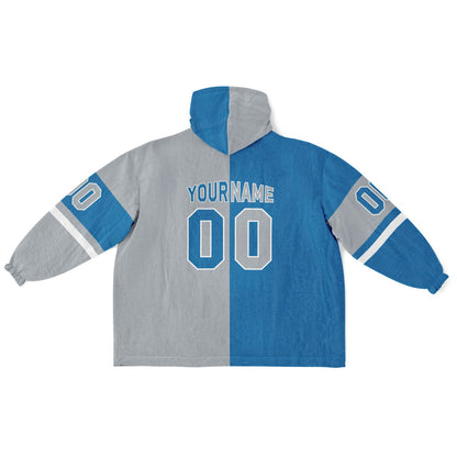 Blue, silver, and white halftime snug hoodie with three-tone split design and cozy fleece texture.