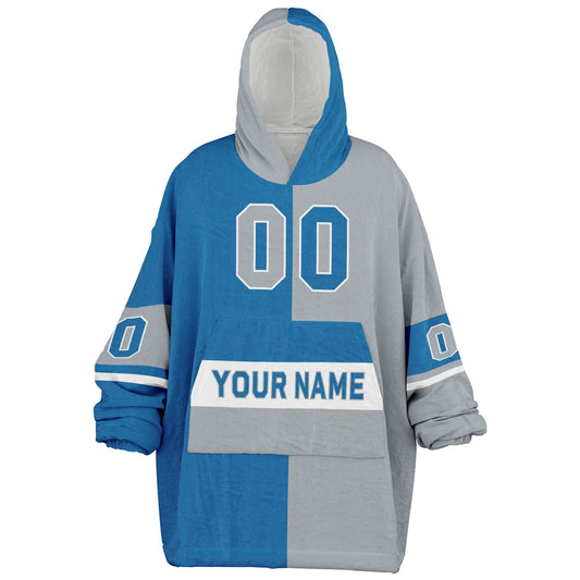 Blue, silver, and white halftime snug hoodie with three-tone split design and cozy fleece texture.