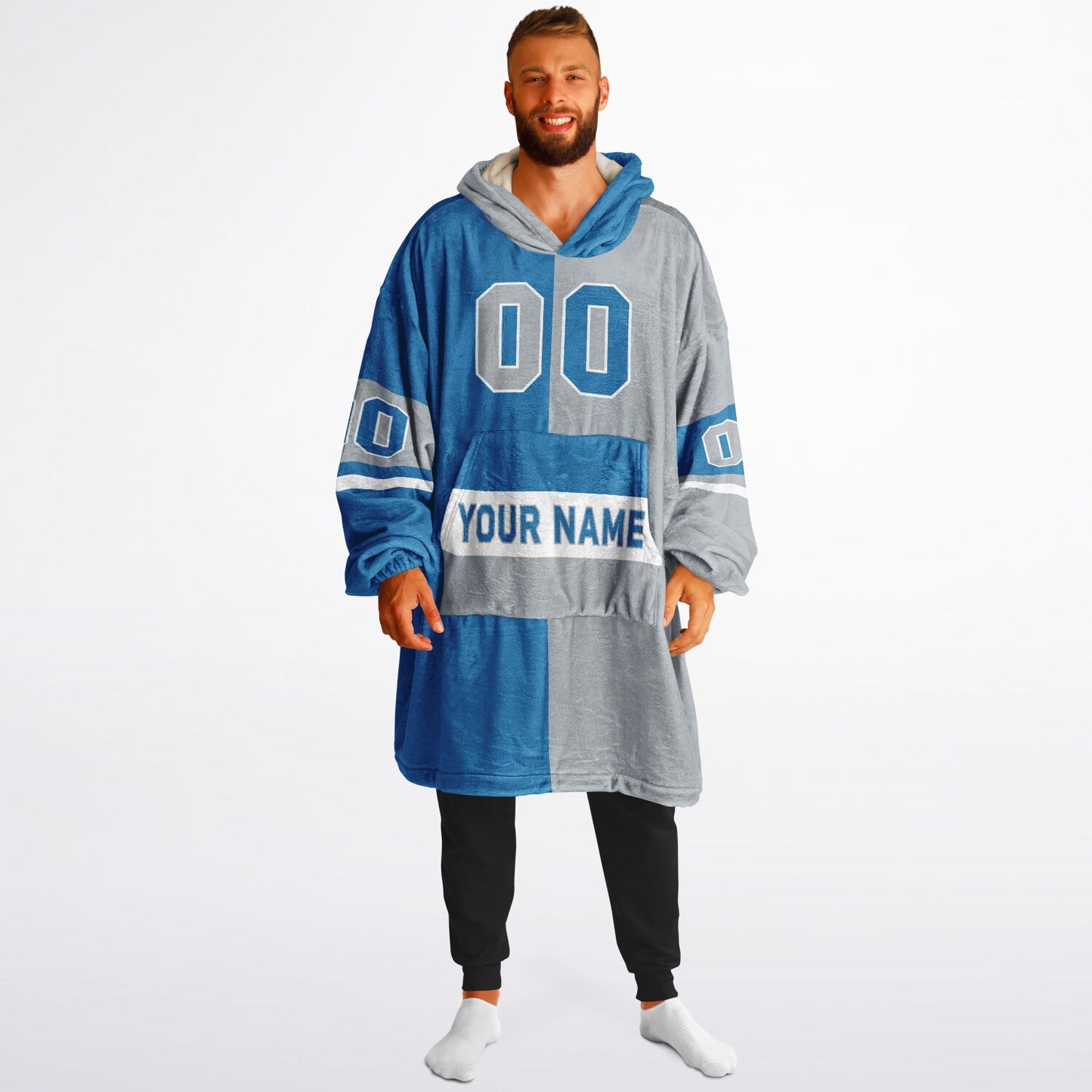 Blue, silver, and white halftime snug hoodie with three-tone split design and cozy fleece texture.