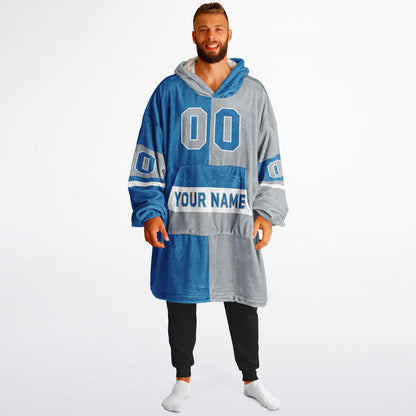 Blue, silver, and white halftime snug hoodie with three-tone split design and cozy fleece texture.