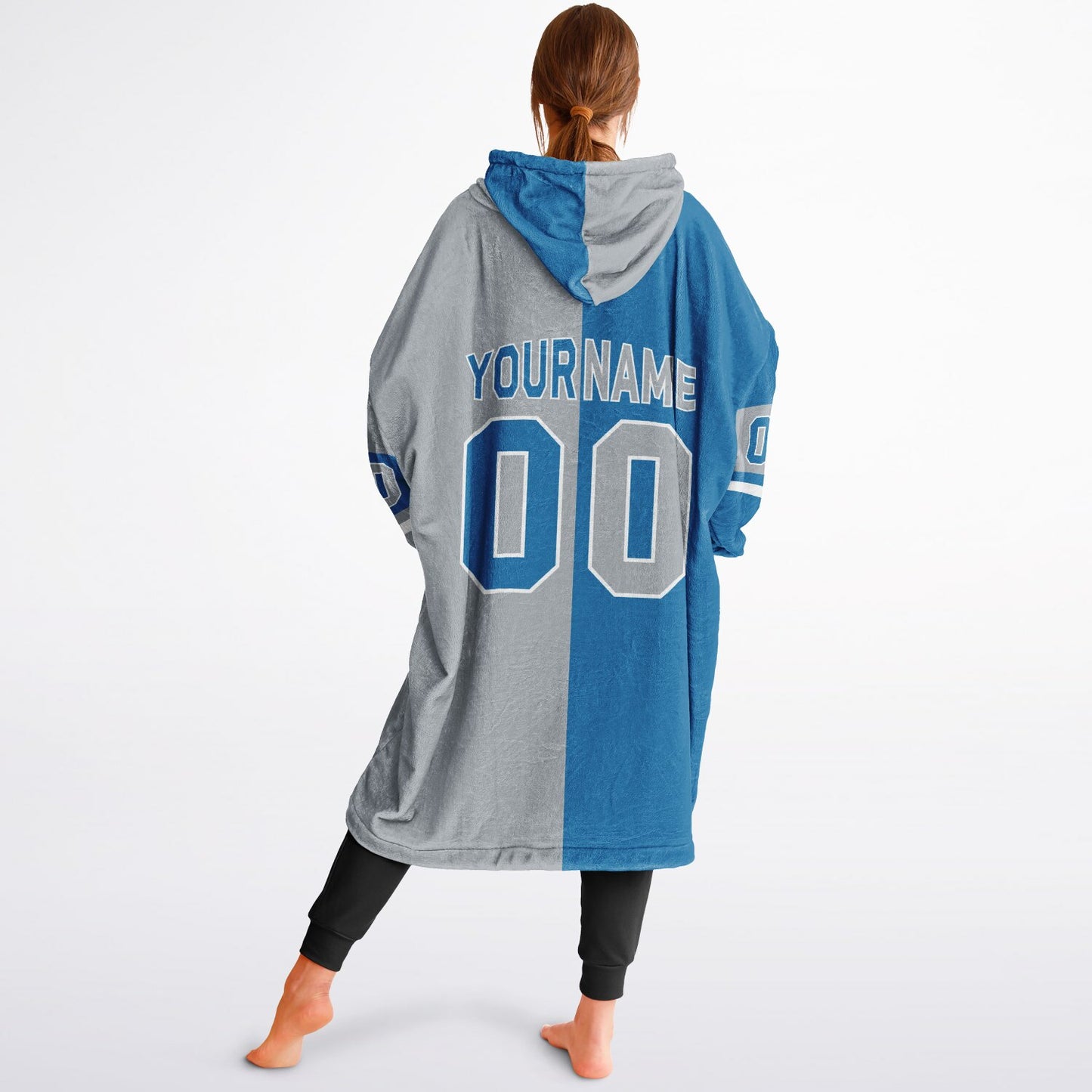 Blue, silver, and white halftime snug hoodie with three-tone split design and cozy fleece texture.