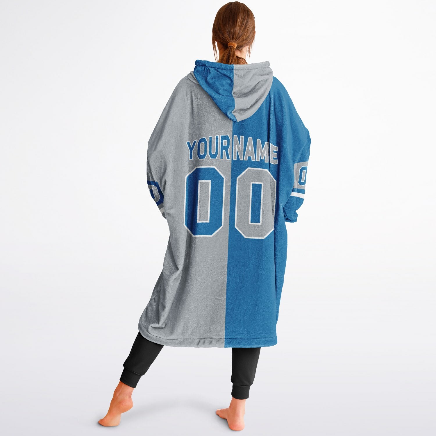 Blue, silver, and white halftime snug hoodie with three-tone split design and cozy fleece texture.