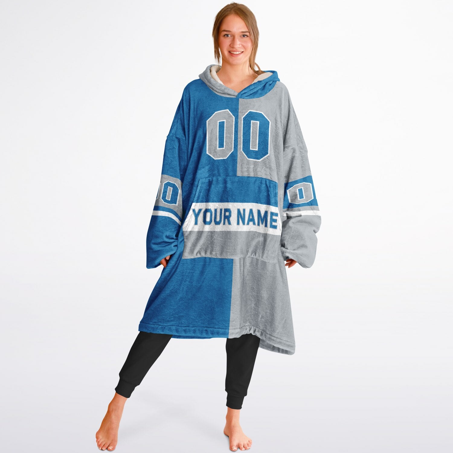 Blue, silver, and white halftime snug hoodie with three-tone split design and cozy fleece texture.