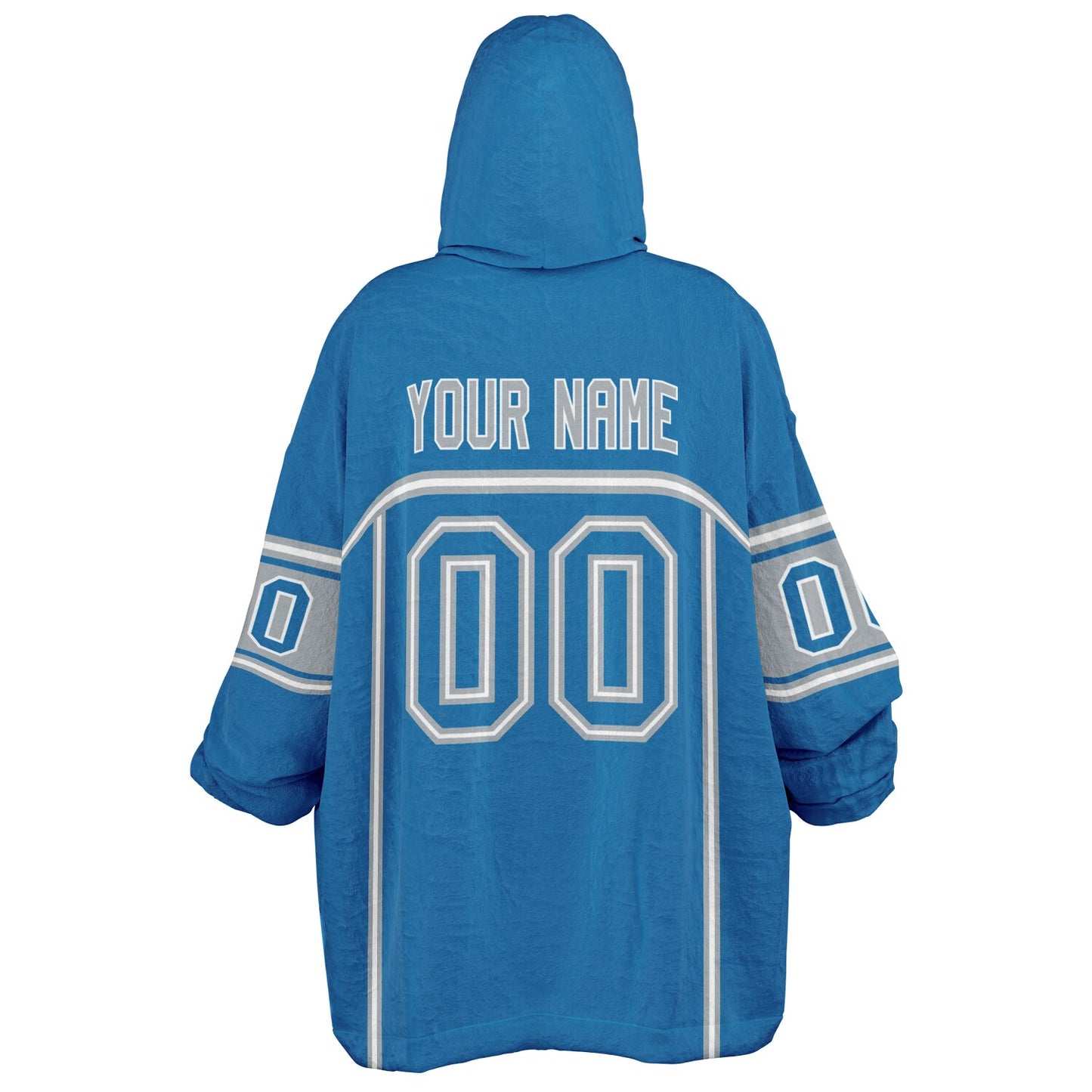 Blue, silver, and white lineup snug hoodie with clean line work and subtle jersey influence.