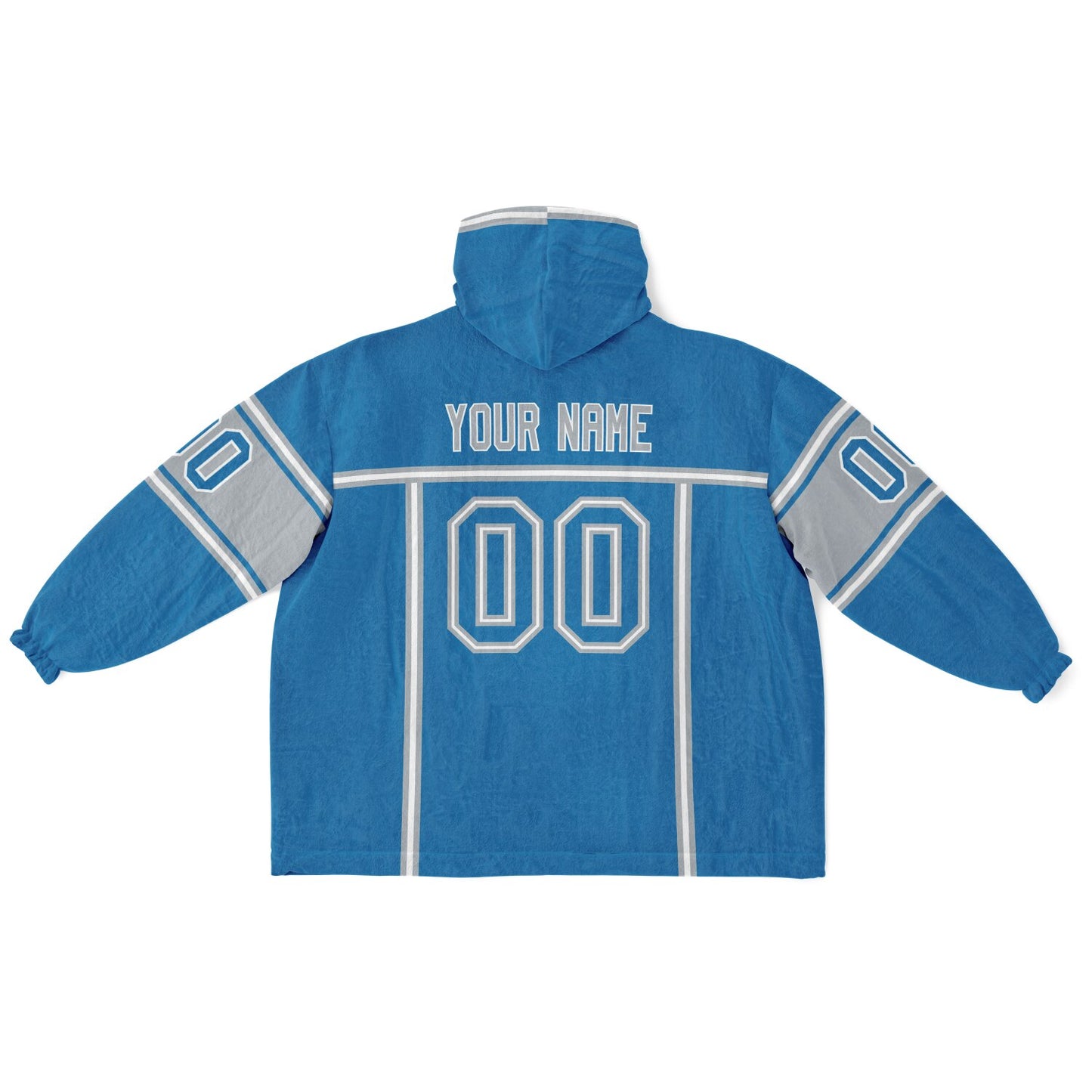 Blue, silver, and white lineup snug hoodie with clean line work and subtle jersey influence.