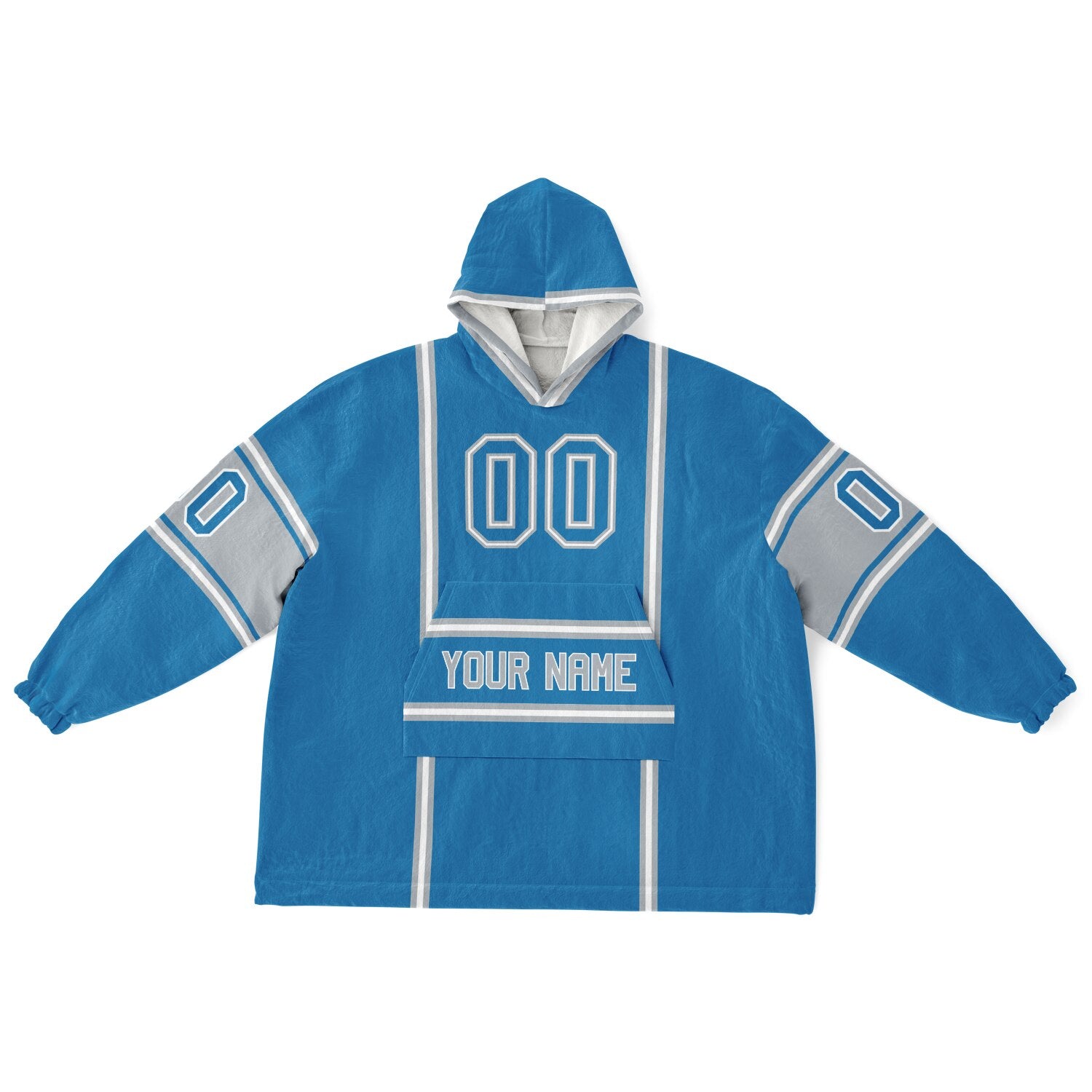 Blue, silver, and white lineup snug hoodie with clean line work and subtle jersey influence.