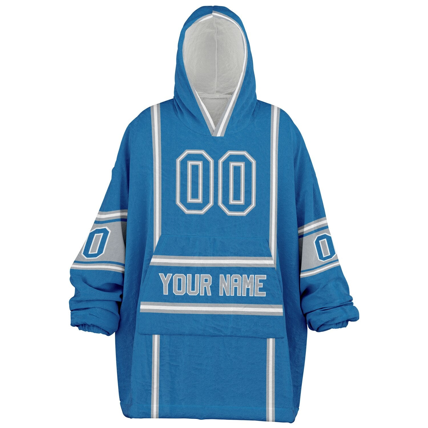 Blue, silver, and white lineup snug hoodie with clean line work and subtle jersey influence.