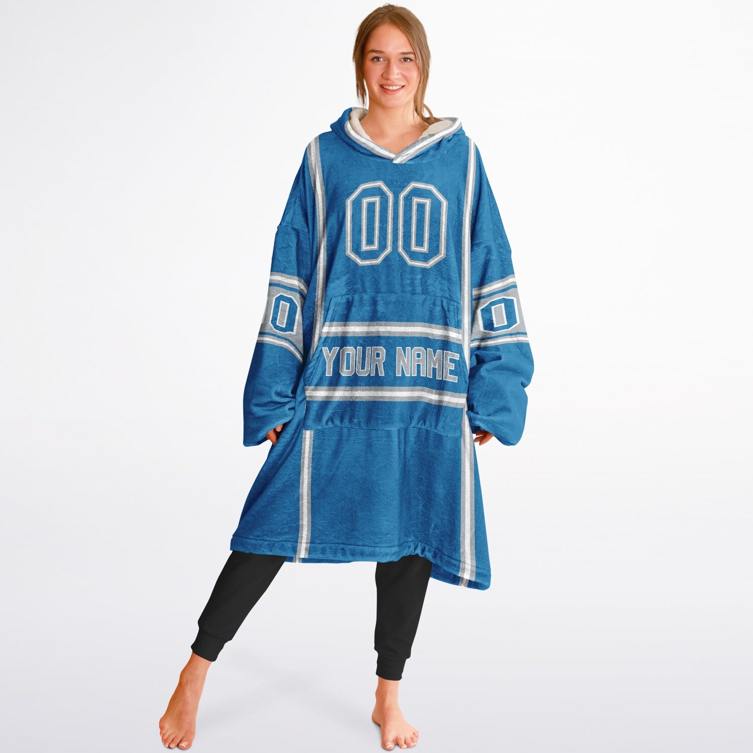 Blue, silver, and white lineup snug hoodie with clean line work and subtle jersey influence.