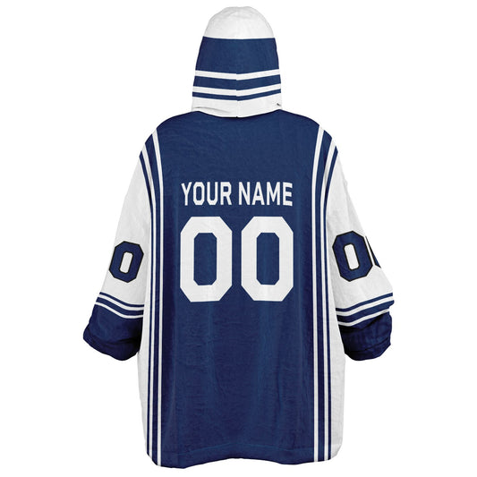 Blue and white bold snug hoodie with modern color-block design and soft loungewear fit.