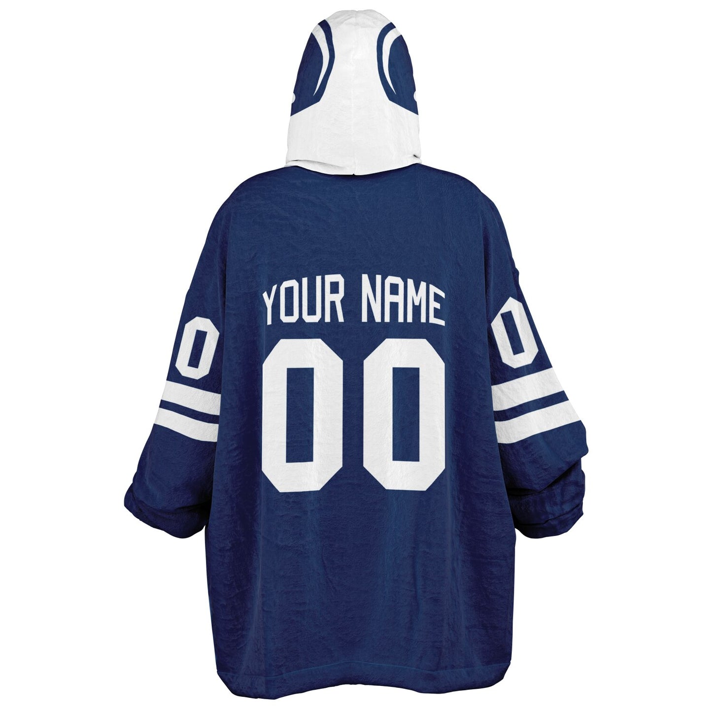 Blue and white classic snug hoodie featuring jersey-style stripes and personalized name and number.
